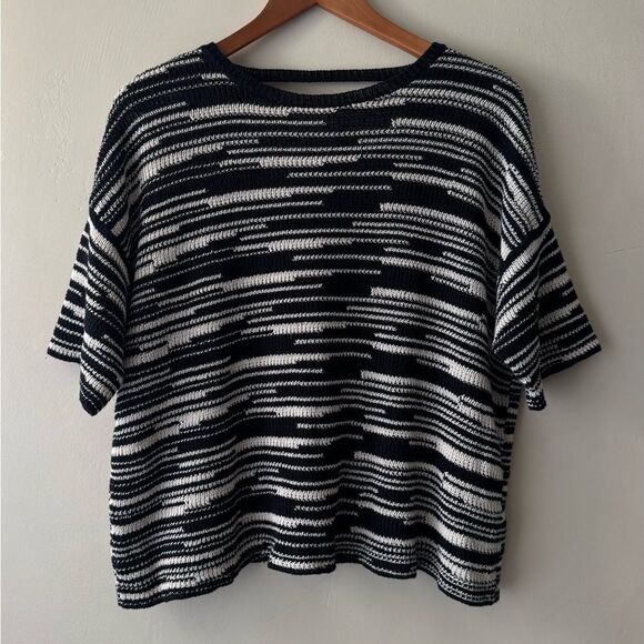 $198 Eileen Fisher Black Natural Stripe Knit Organic Linen Sweater M 331 - Picture 3 of 5